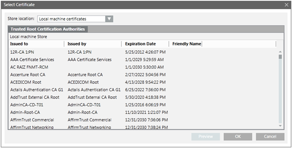 Select Certificate Dialog Box for a Client\Server Communication